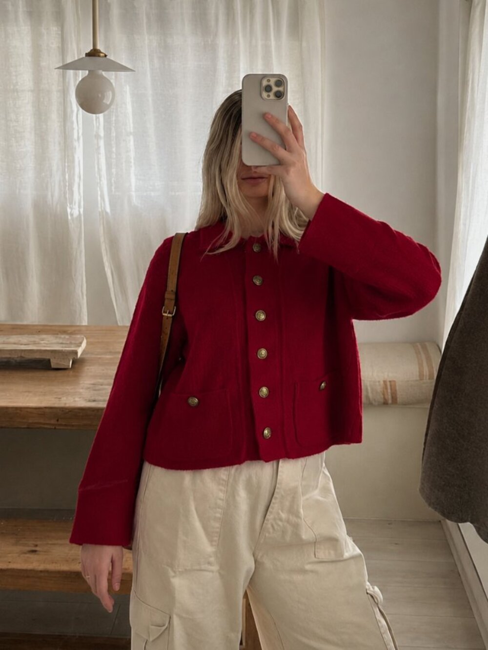 90s Boiled Wool Cardigan Size Medium Large Jacket Cherry Red Button Up (L)